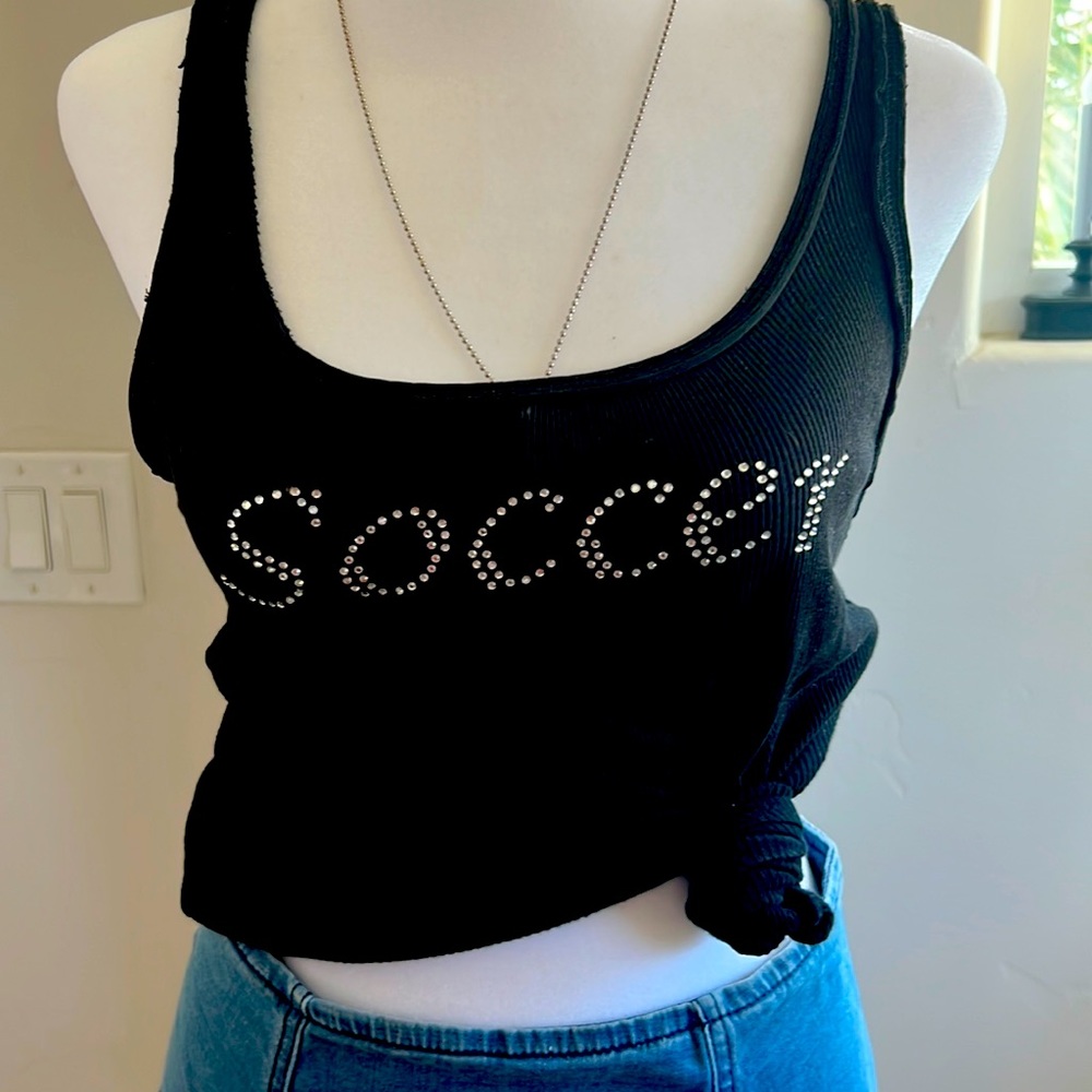 Fitted black tank top with SOCCER gems on front and SOCCER BALL on back